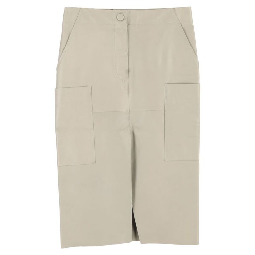 Petar Petrov Front Slit Midi Skirt with Pockets in Beige Leather